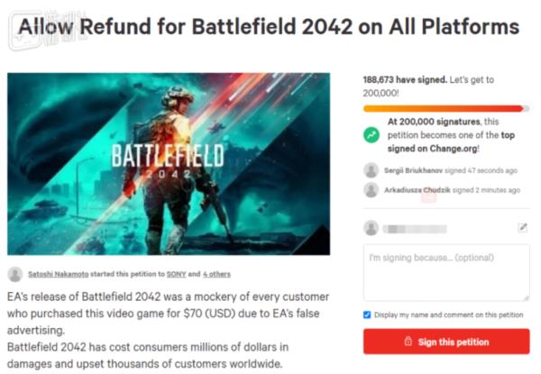 Battlefield 2042's refund petition has attracted nearly 190,000 signatures